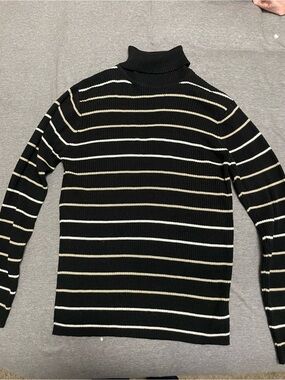Hampshire Studio Black & Cream Striped Ribbed Turtleneck Sweater S